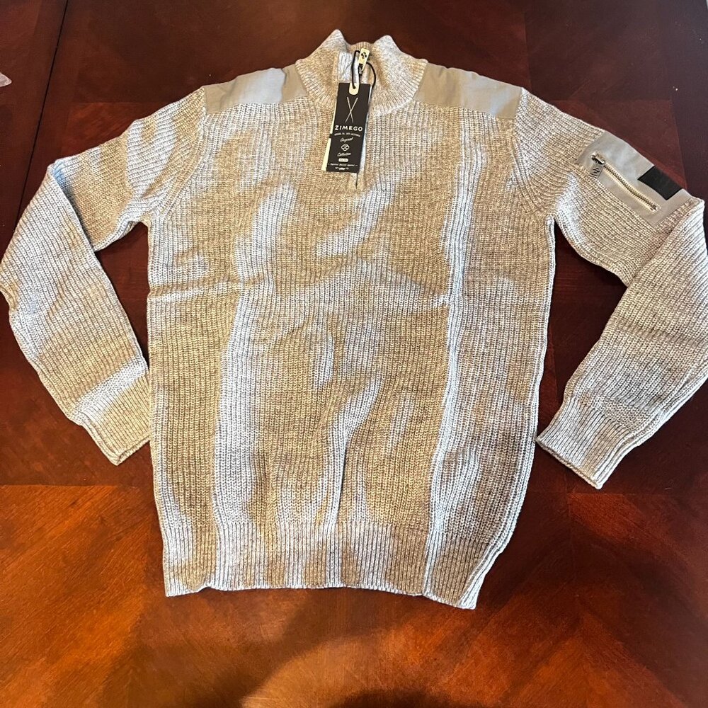 Zimego Mens‎ Gray Sweater Shoulder Accents & Arm Zipper Pocket